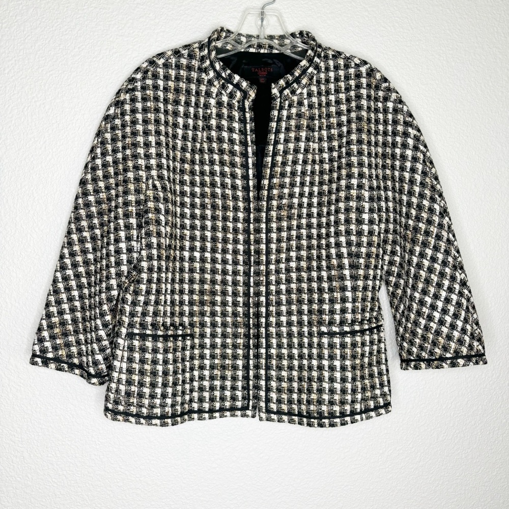 Talbots Collection Womens Blazer, 14P, Knit, Black White Gold